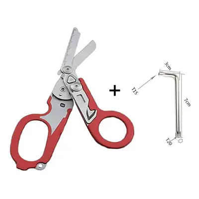 (Red) Multifunction Emergency Shears Portable First Aid Tactical Folding Scissor Outdoor Surviva