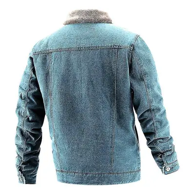 (M, ight blue) Mens Fleece Lined Coat Thick Denim Jacket