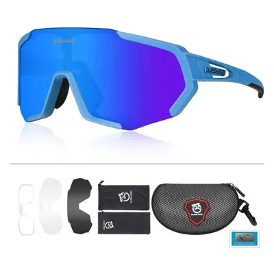 (blue) Queshark Cycling Glasses Polarized Sports Sunglasses Men Women With Interchangeable Lens 