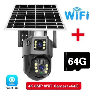 (WiFi Add 64G) Wifi Solar Battery Camera 4k 8mp 4g Sim Card V380 Dual Lens Dual Screen Outdoor S