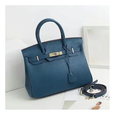 (Medium blue, 35*26*19cm) Ladies Women Leather Handbag Birkin First Layer Cowhide Leather Tote B