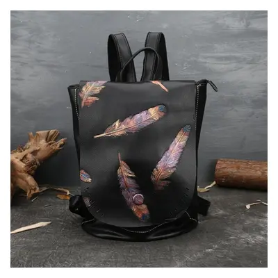 (black, 27cm*15cm*37cm) Genuine Leather Feather Embossing Backpack Cow Leather Vintage Women Bac