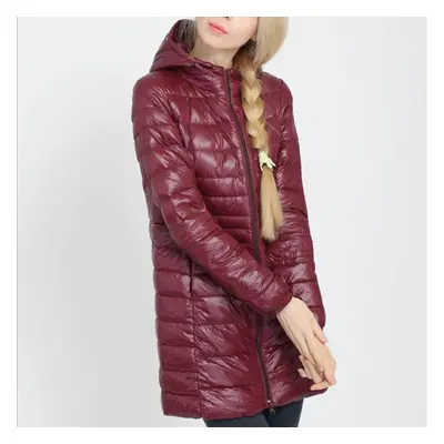 (wine red, L) Ladies Long Winter Warm Coat Women Ultra Light White Duck Down Jacket With Bag Wom