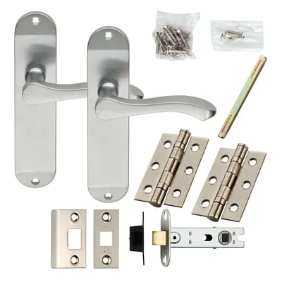 Door Handle & Latch Pack Satin Chrome Modern Curved Lever Rounded Backplate