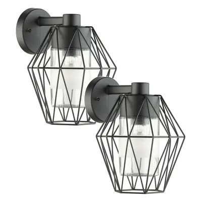 2 PACK IP44 Outdoor Wall Light Black Wire Cage Shade 1x 60W E27 Porch Lamp