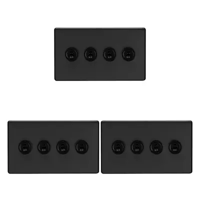 3 PACK Gang Quad Retro Toggle Light Switch SCREWLESS MATT BLACK 10A Way