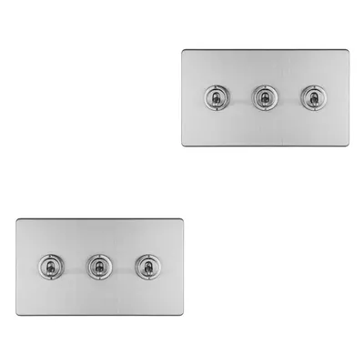 2 PACK Gang Triple Retro Toggle Light Switch SCREWLESS SATIN STEEL 10A Way