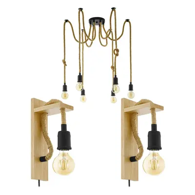 Multi Bulb Ceiling Pendant Light & 2x Matching Wall Lights Black & Rope Trendy