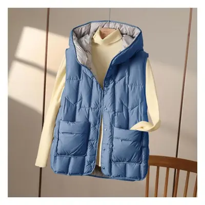 (blue, XXXL) Autumn Winter Warm Waistcoat Ladies Sleeveless Hooded Down Cotton Coats Women Outer