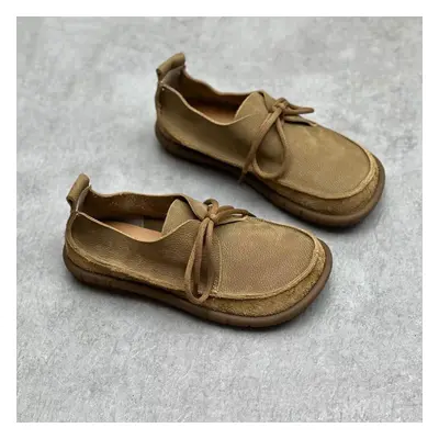 (khaki, 40) Leather Flats Women Shoes Round Toe Shallow Soft Sole Loafers Retro Solid Color Shoe