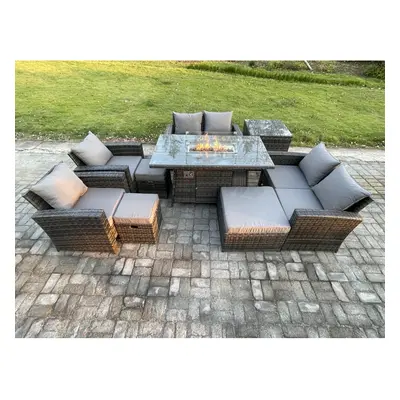 Fimous Outdoor Garden Furniture Sets Pieces Wicker Rattan Furniture Gas Firepit Dining Table Sof