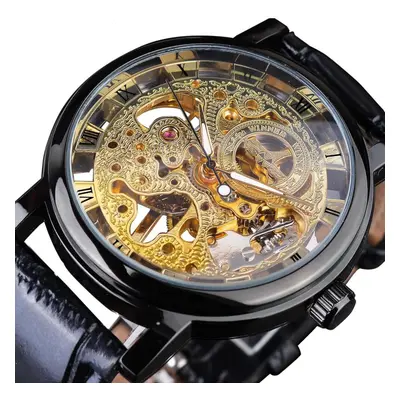 (black,gold) Winner Transparent Golden Case Luxury Casual Design Brown Leather Strap Mens Watche