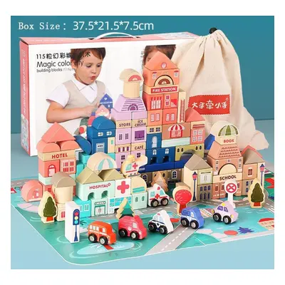 (multicolor, Package size:37*21*7cm) 115pcs Wooden Building Blocks Set,city Construction Stacker