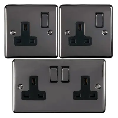 UK Plug Socket Pack -1x Twin & 2x Single Gang- BLACK NICKEL / Black 13A Switched