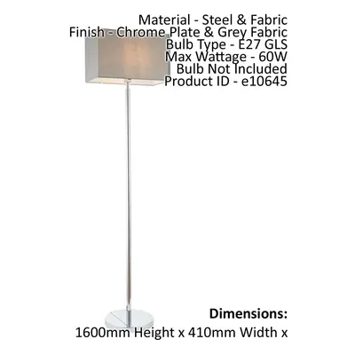 Floor Lamp Light Chrome & Grey Fabric 60W E27 Standing Base & Shade e10645