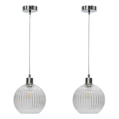 Set of Betchley - Clear Ribbed Glass Globe with Chrome Pendant Fittings