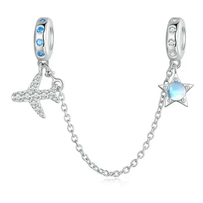 I Love To Travel Safety Chain Charm Bead Aeroplane With Cubic Zirconia Genuine Sterling Silver C