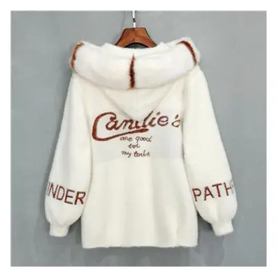 (white, 2XL) Cardigan Women Autumn Korean Fur Collar Hooded Imitation Mink Velvet Knitwear Coat 