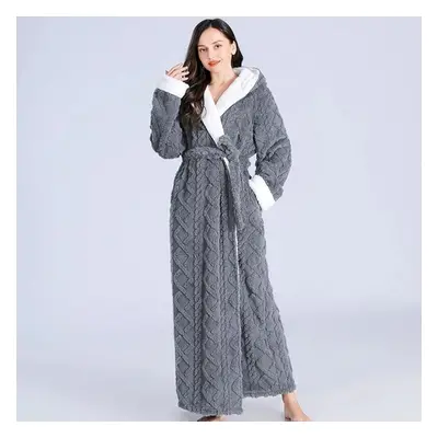 (L, gray) Danmo Loose Long Thick Bath Robe Hooded Winter Thick Women Bathrobe Flannel Terry Warm