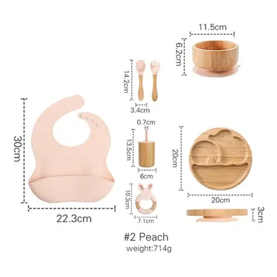 (Peach) Wooden Dinner Plate Feeding Supplies Bamboo Baby Tableware Silicone Suction Plate Bowl B