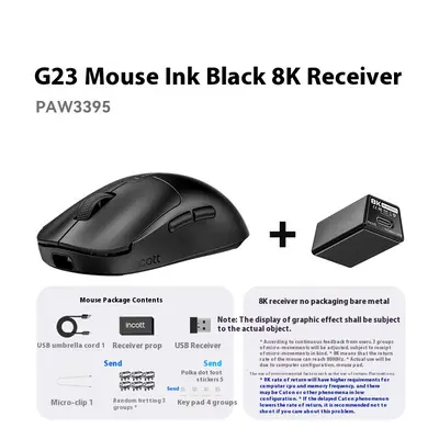 (G23 Black-8K) Incott Wireless Mouse Dual Mode 8K PAW3950 Fast Charge Hot Swap Gaming Mouse Ergo