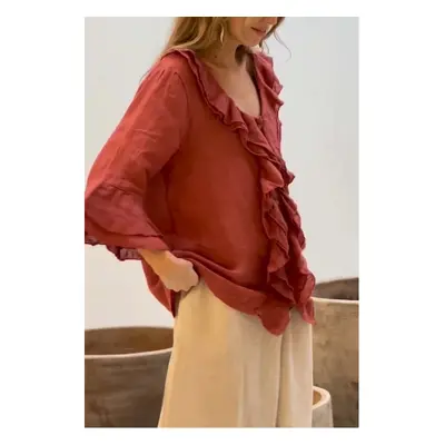 (Red, XL) Casual Vintage Solid Ruffle Shirts Top Women Spring Autumn Elegant V Neck Button Offic