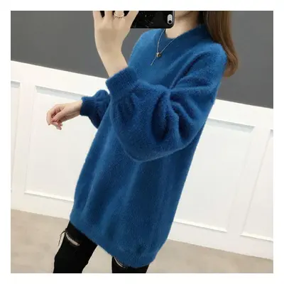 (blue, XL) Big Size Tops Women Autumn And Winter Thickened Warm Loose Sweater Pullover Solid Col