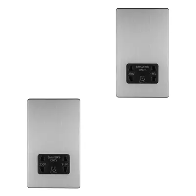 2 PACK 230V 115V Twin Shaver Socket Wall Plate SCREWLESS SATIN STEEL Bathroom