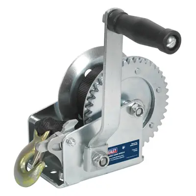 Geared Hand Winch with Webbing - 540kg Capacity - Manual Break - Hardened Steel