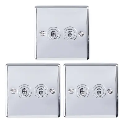 3 PACK Gang Double Retro Toggle Light Switch POLISHED CHROME 10A Way Plate