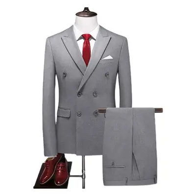 (grey, XS) Fashion Men&apos;s Business Double Breasted Solid Color Suit Coat / Male Slim Wedding