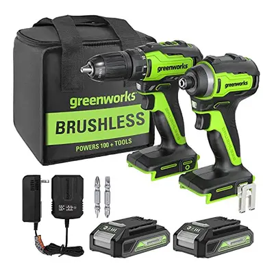 Greenworks 24V Cordless Drill Driver 35Nm and Impact Driver 200Nm Combo Kit, 2pcs 2.0Ah Lithium-