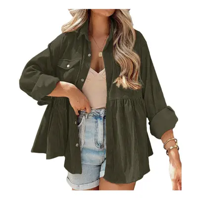 (M, ArmyGreen) New Women's Long Sleeved Corduroy Ruffle Edge Shirt Top Button Up Shirt for Women