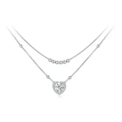 (MSN033) Bamoer Sterling Silver Halo Heart Moissanite Pendant Necklace Double-layer Necklace For