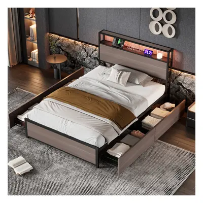 (90x190cm with USB port) Metal Iron Bed with LED Light Strip and Drawers