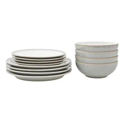 Denby - Elements Light Grey Dinner Set For - Piece Ceramic Tableware Set - Dishwasher Microwave 