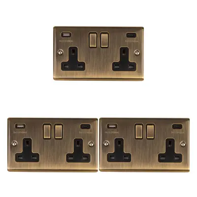 3 PACK Gang Double UK Plug Socket & Dual 3.1A USB-C ANTIQUE BRASS 13A Switched