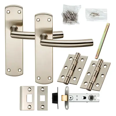 Door Handle & Latch Pack Satin Nickel Modern Curved Lever on Round Backplate