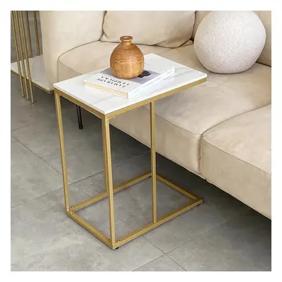 Sintered Stone C Shaped Snack Table, Rectangle End Side Table Slide Under Couch for Sofa Coffee 