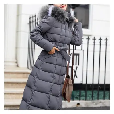 (grey, L) New Winter Jacket Women&apos;s Warm Fashion Bow Belt Fox Fur Collar Coat Long Dress Wo