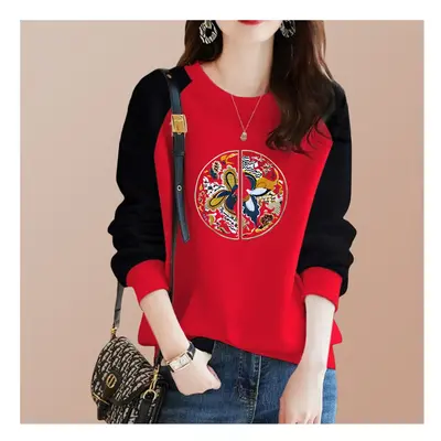 (Red, L) Chinese Style Autumn Winner New T-shirt Women O-Neck Printing Patchwork Contrast Color 