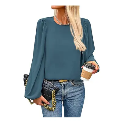 (XXL, Navy color) New Women's Round Neck Lantern Long Sleeved Chiffon Casual Work Shirt