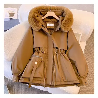 (auburn, XL) Women Autumn Winter Fur Collar Long Sleeve Solid Color Drawstring Parka Hooded Chic