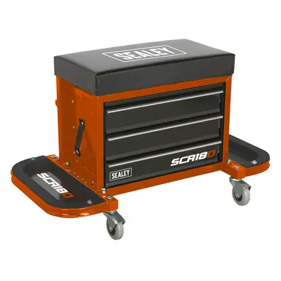 Mechanics Utility Seat & Toolbox - Folding Side Trays - Swivel Castors - Orange