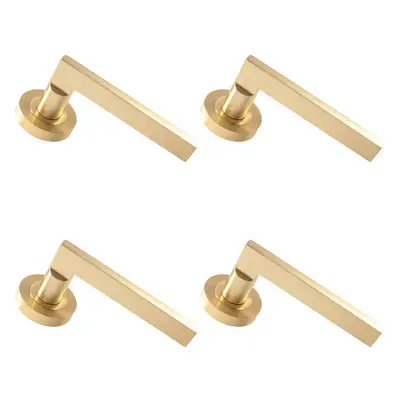 4x PAIR Straight Plinth Mounted Handle on Round Rose Concealed Fix Satin Brass