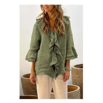 (green, XXXL) Casual Vintage Solid Ruffle Shirts Top Women Spring Autumn Elegant V Neck Button O