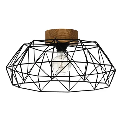 Semi Flush Ceiling Light Black Steel Cage Shade & Wood x 60W E27 Bulb