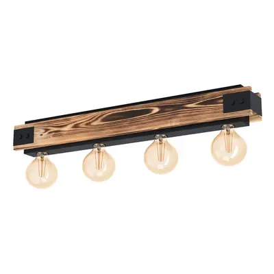 Semi Flush Ceiling Light Black Steel & Wood Trim Bar x 60W E27 Bulb