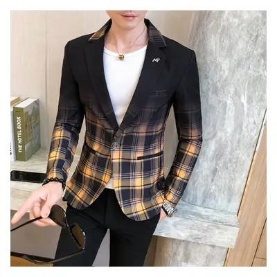 (yellow, XXL) Men Blazer Colorblock Plaid Blazer Men Slim Casual Man Blazers Wedding Business Pa