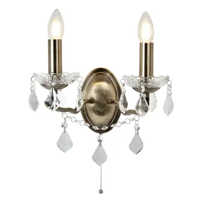 Double Wall Bracket Clear Crystal Drops Antique Brass